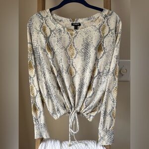 Express Cream Snake-Print Long Sleeve Tie-Front Top with Gold Accents